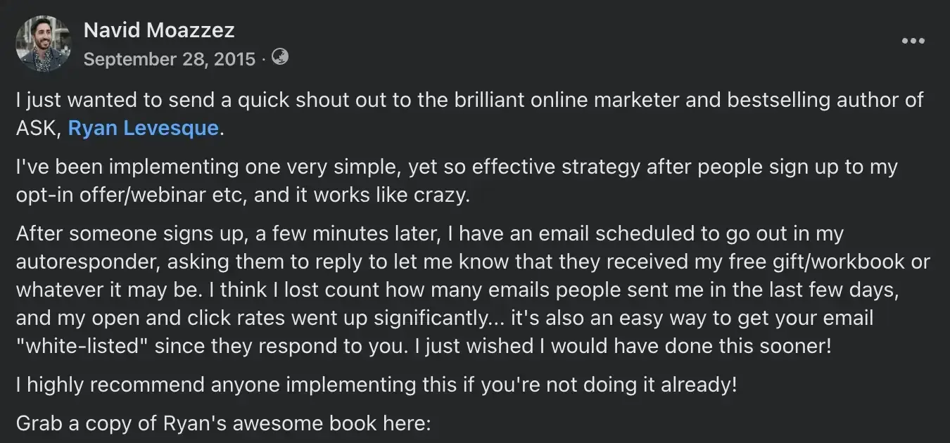 How to build relationships with influencers - thank influencers publicly - Ryan Levesque ASK Book