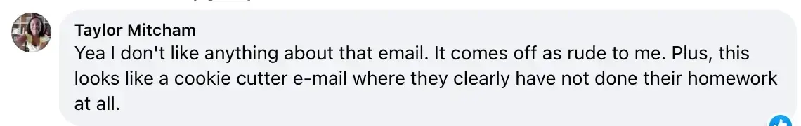 Influencer marketing mistakes: Taylor Mitcham's reply to the assistant invite