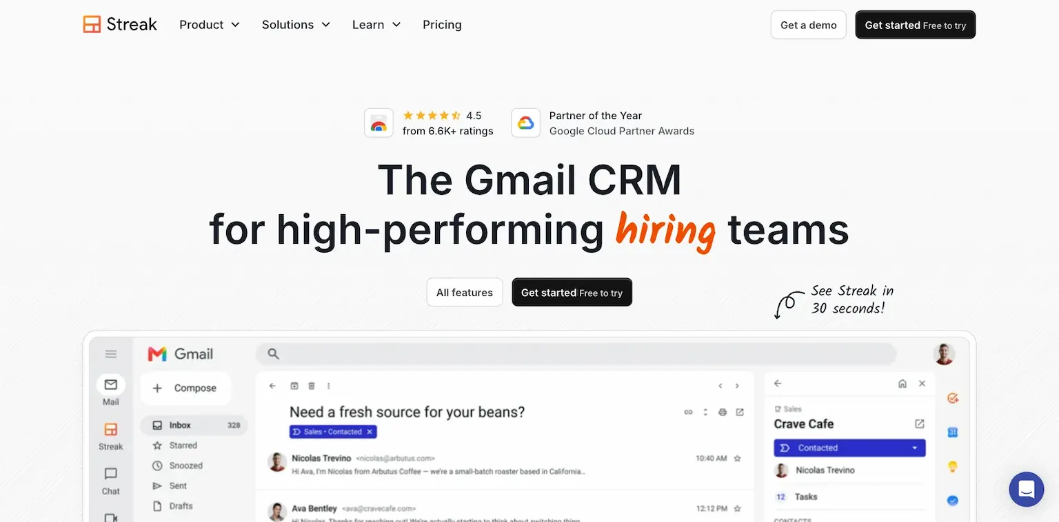 Streak's home page: the Gmail CRM for high-performing teams