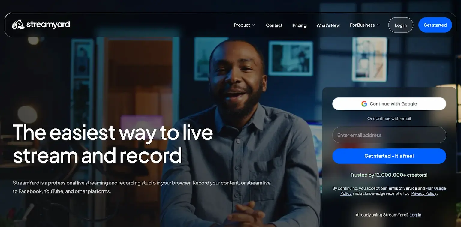 StreamYard's home page: the easiest way to live stream and record