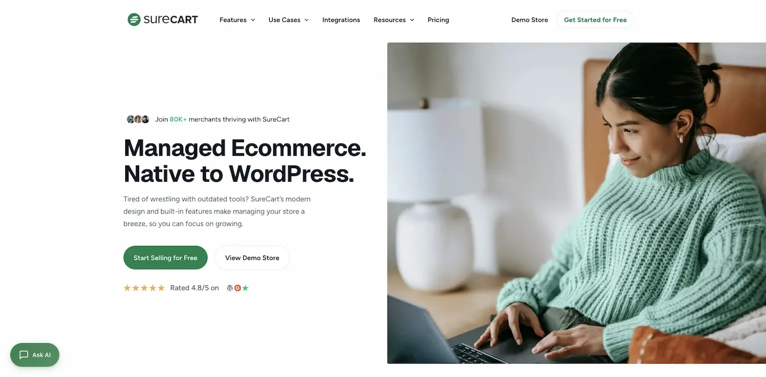 SureCart's home page: managed ecommerce, native to WordPress