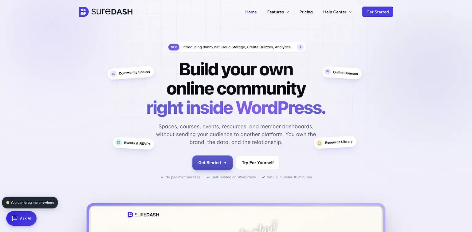 SureDash's home page: build your own online community right inside WordPress