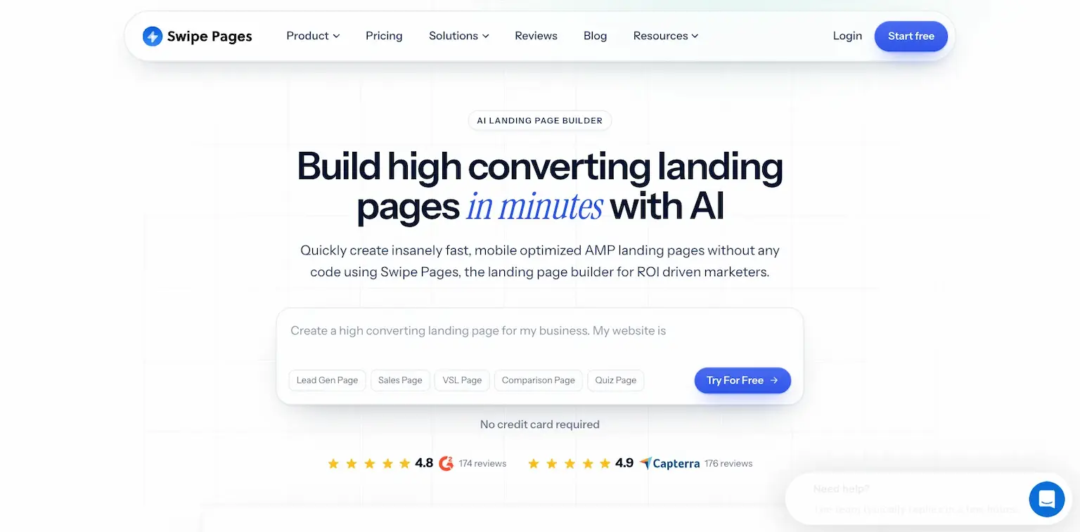 Swipe Pages' home page: build high-converting landing pages in minutes with AI