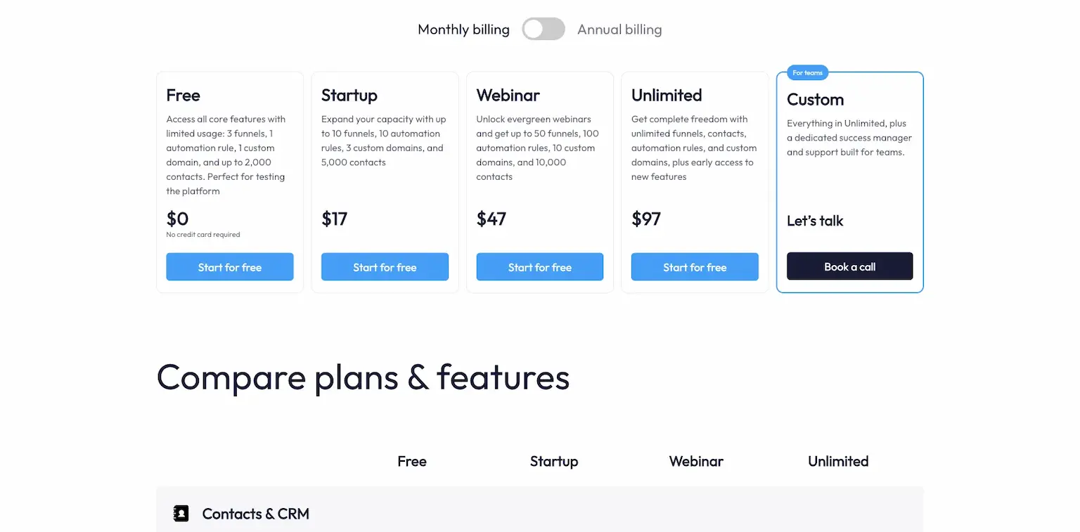 Systeme.io's plans with monthly billing: Free, Startup, Webinar and Unlimited