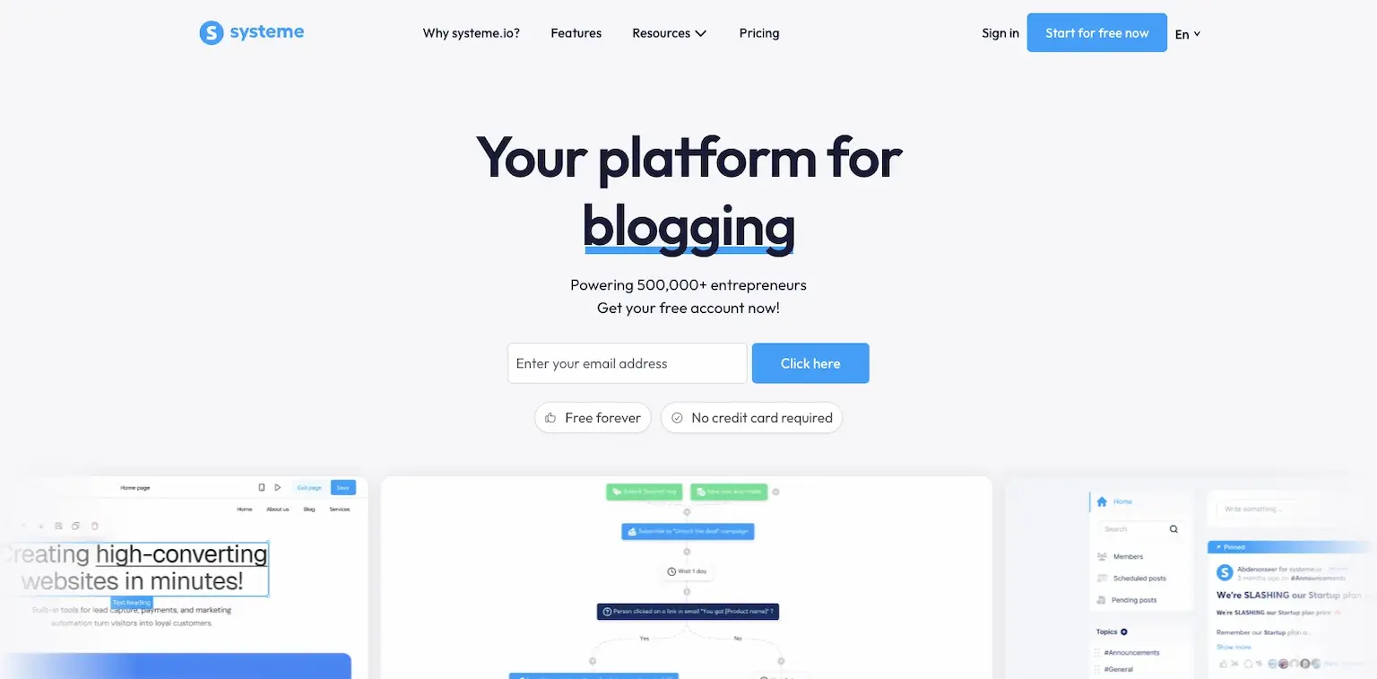 Systeme.io's home page: free forever, no credit card required