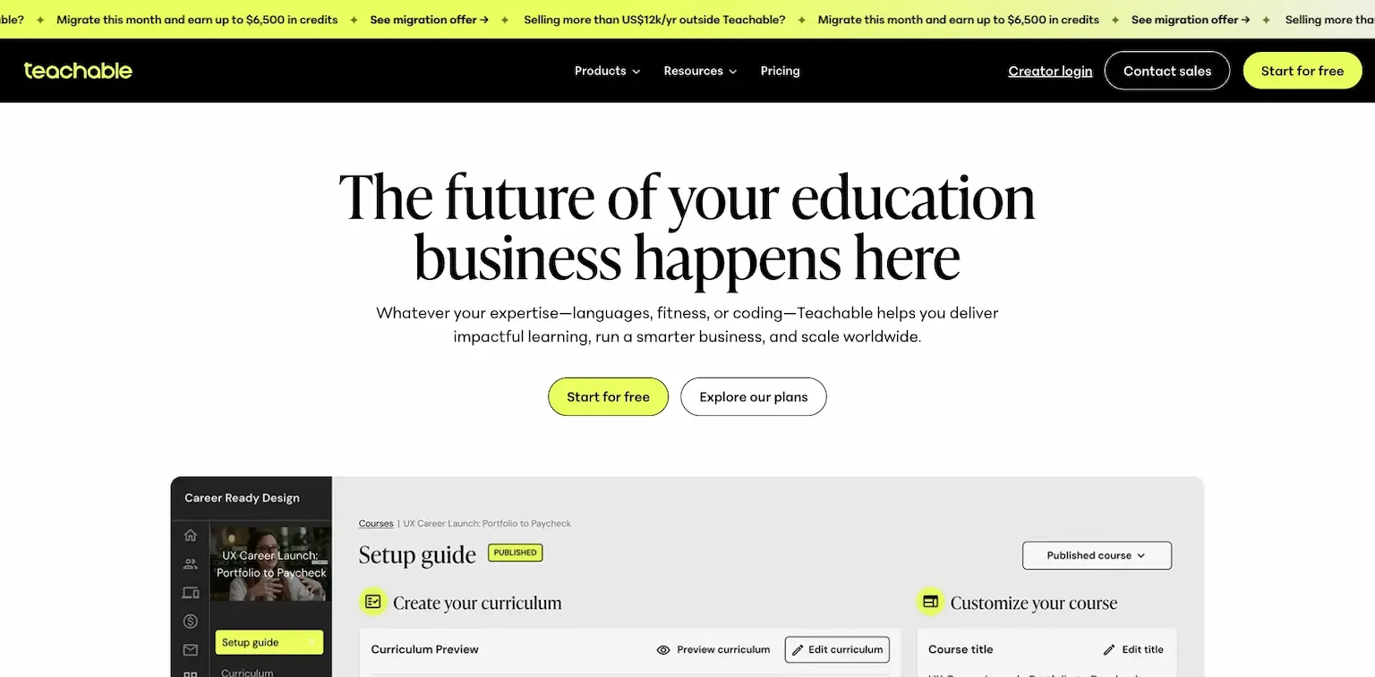 Teachable's home page: the future of your education business happens here