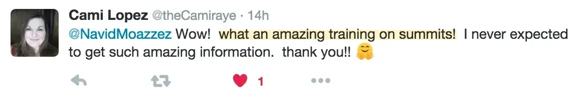 Cami virtual summit workshop testimonial for Navid Moazzez - Building relationships with influencers