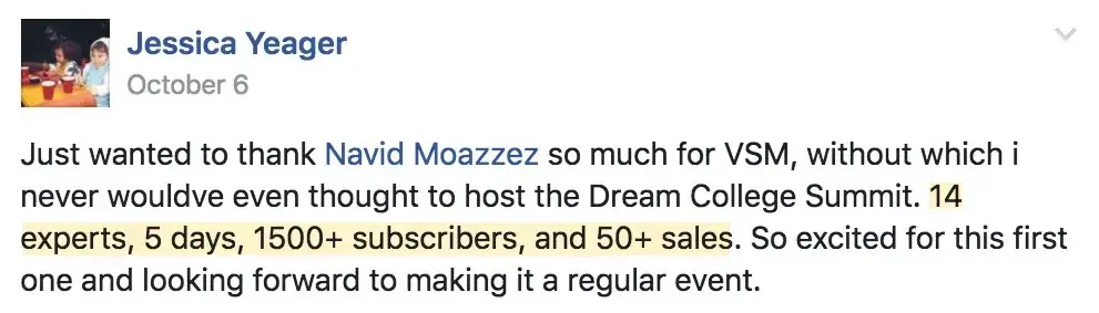 Dream College Summit, Jessica Yeager, Virtual Summit Mastery review, Navid Moazzez testimonial