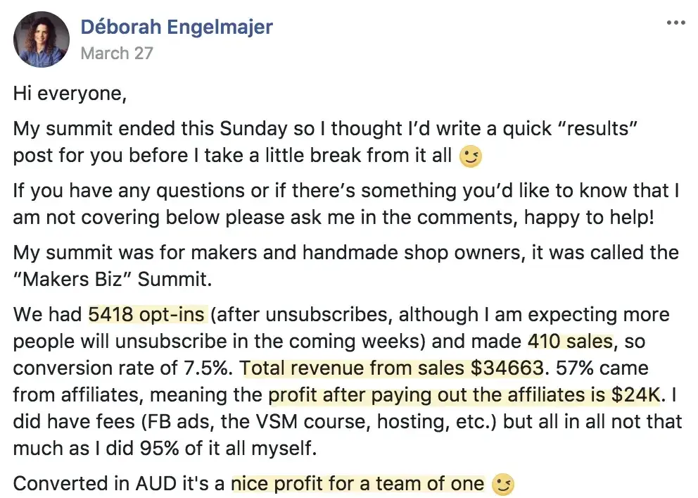 Maker's Biz Summit, Deborah Engelmajer first summit results, Virtual Summit Mastery review, Navid Moazzez testimonial