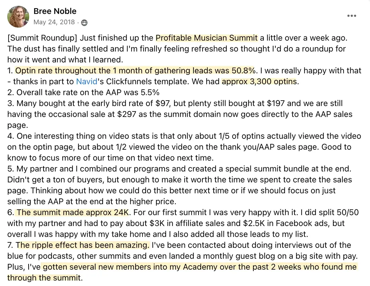 Profitable Musician Summit, Bree Noble summit results, Best virtual event examples