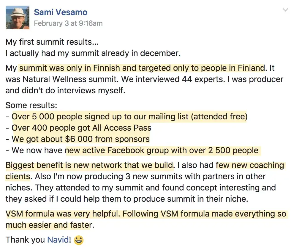 Sami Vesamo Finnish virtual summit results, Virtual Summit Mastery review, Navid Moazzez testimonial