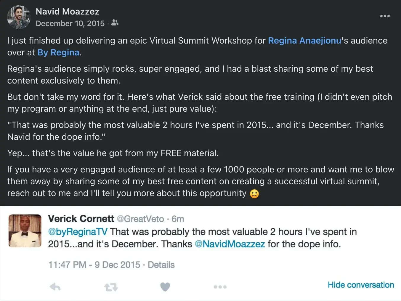 How to build relationships with influencers - Navid virtual summit workshop praise