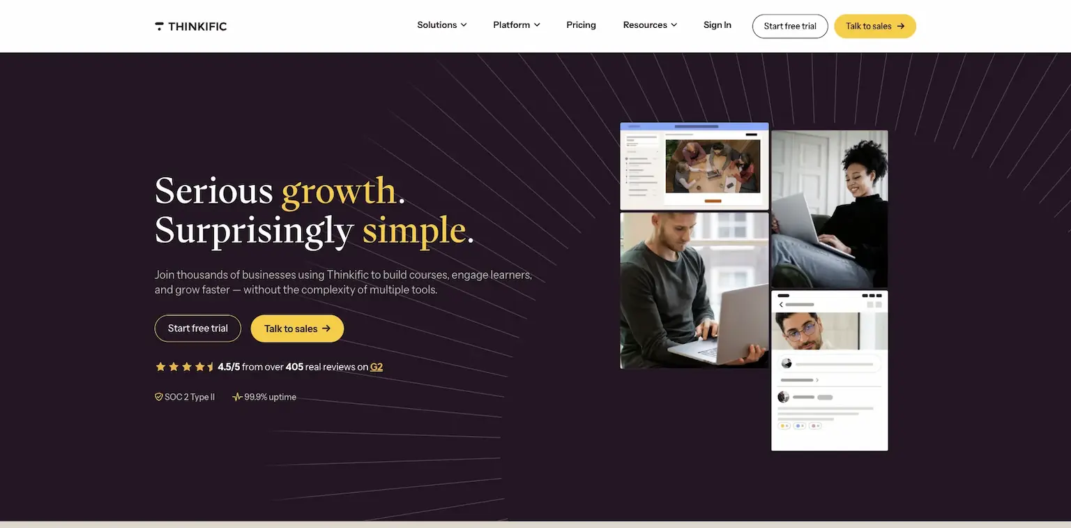 Thinkific's home page: serious growth, surprisingly simple