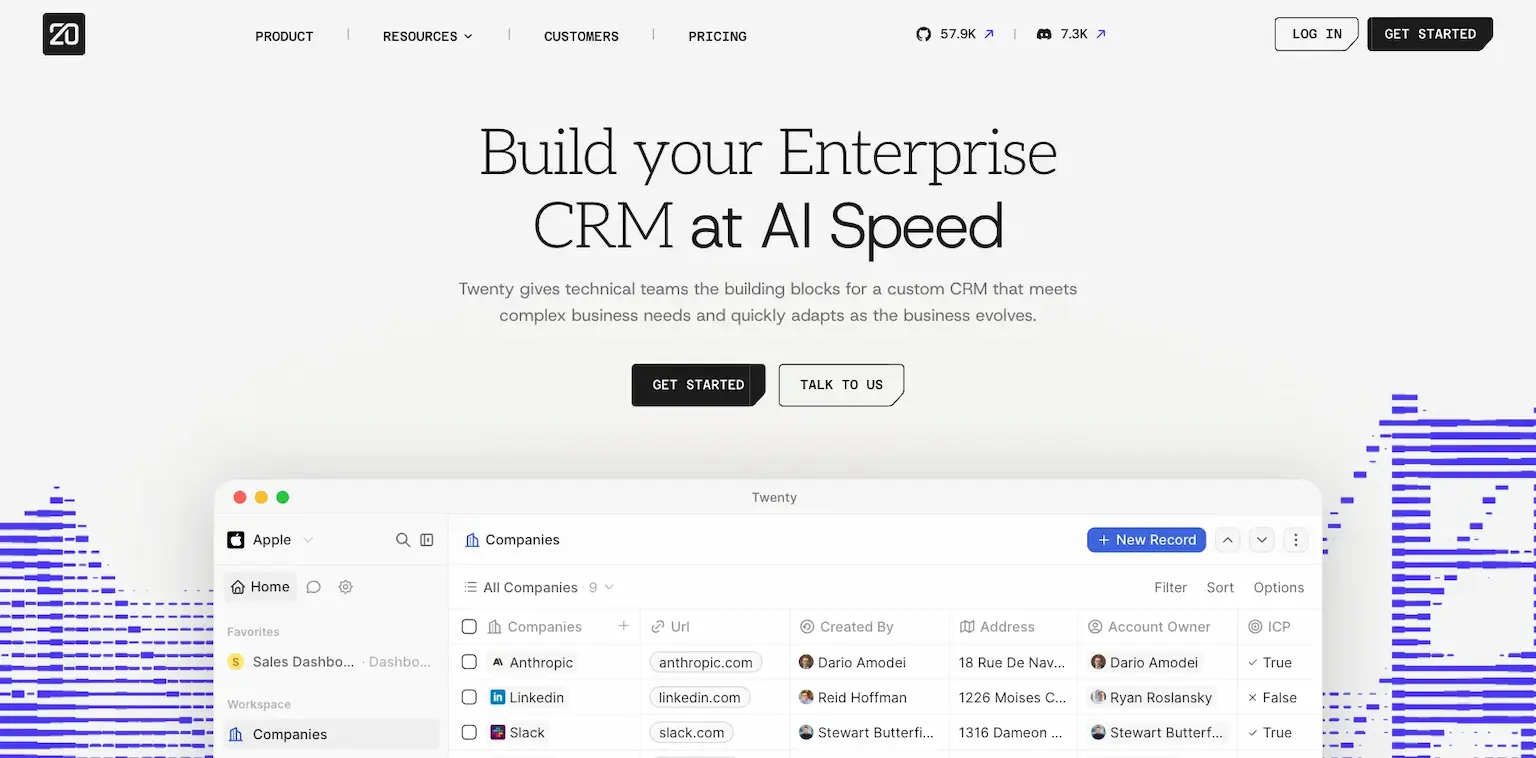 Twenty's home page: build your enterprise CRM at AI speed