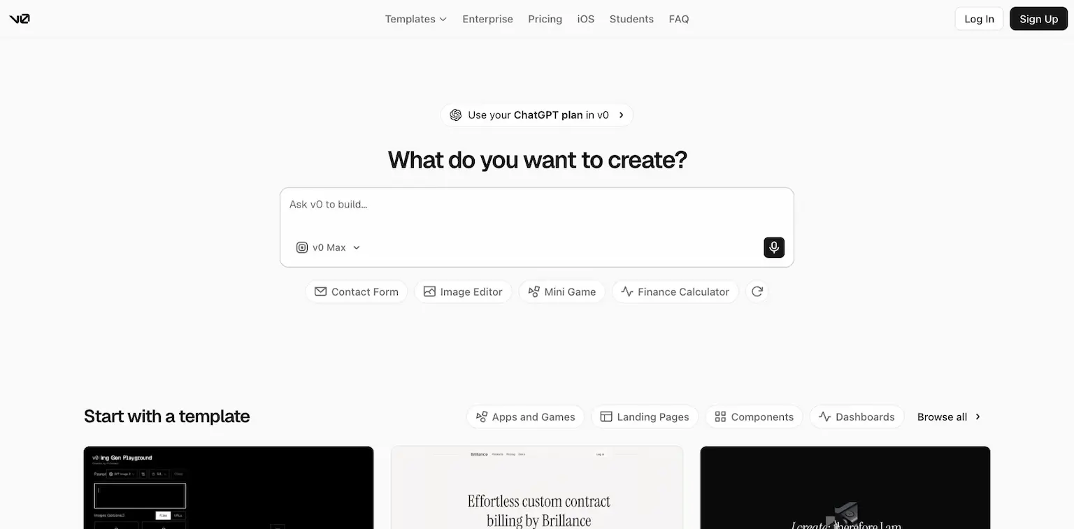 v0's home page: what do you want to create?