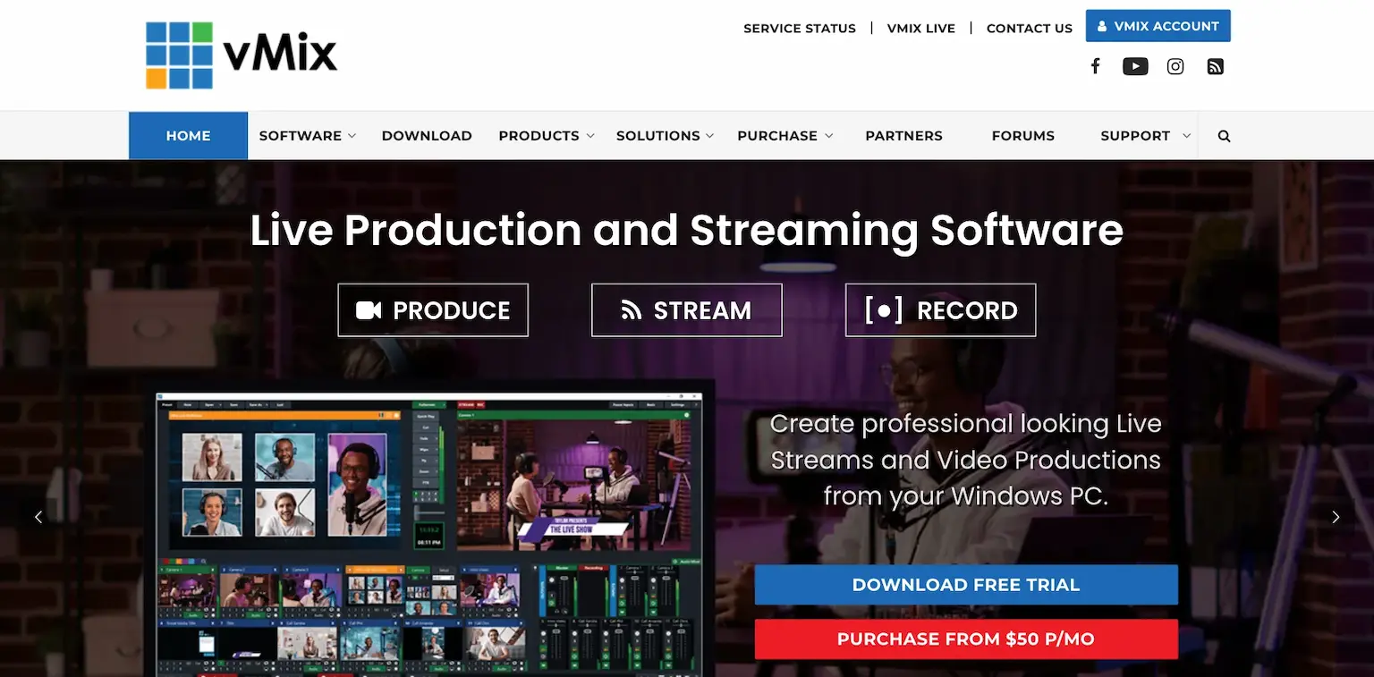 vMix's home page: live production and streaming software