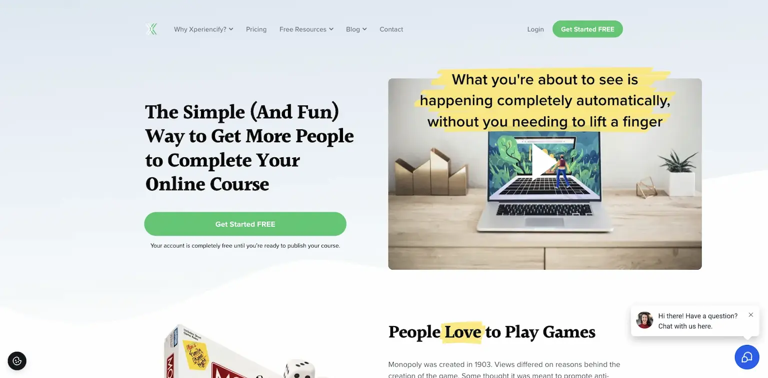 Xperiencify's home page: the simple and fun way to get more people to complete your online course
