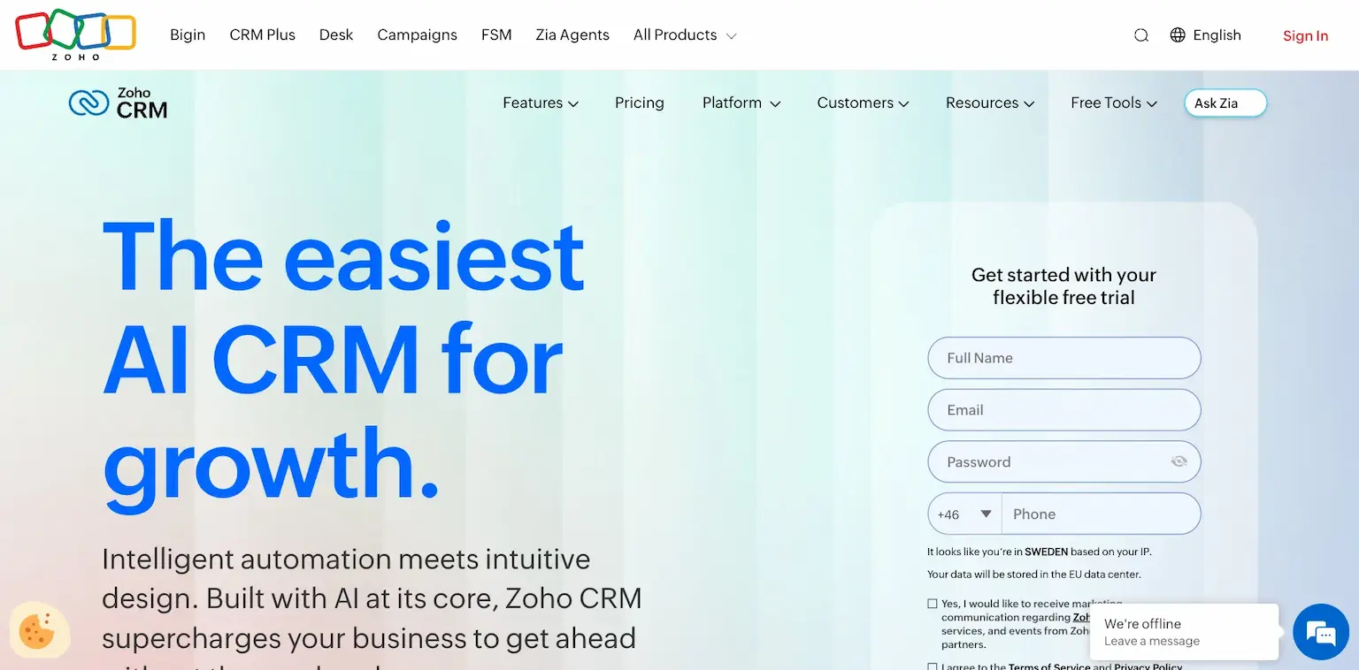 Zoho CRM's page: the easiest AI CRM for growth