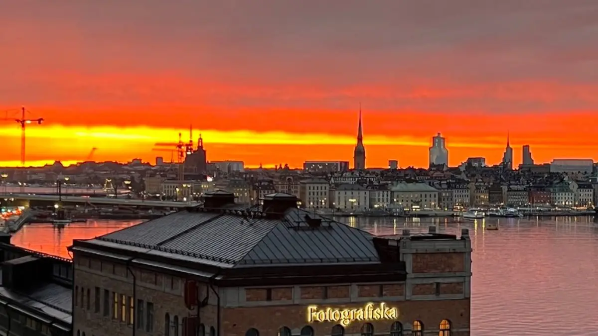 My photo of Stockholm at sunset, over Fotografiska, cut to Pinterest's profile cover, 16:9 (1,920 × 1,080)