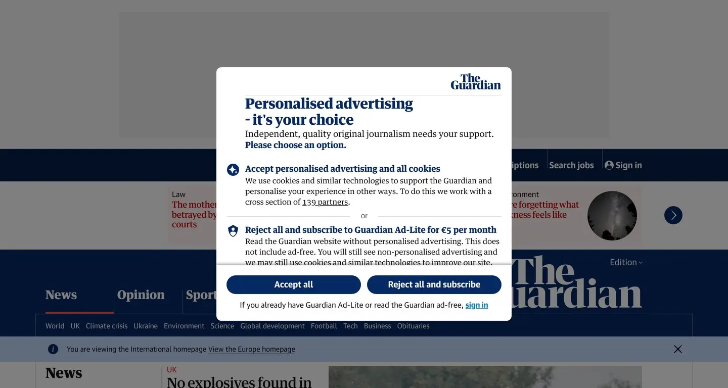 The Guardian's home page from CloudConvert, under its consent popup