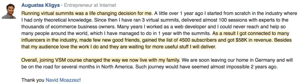 Augustas Kligys virtual summit testimonial for Navid Moazzez, Best virtual event examples