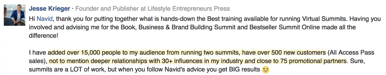 Best virtual event examples, Bestseller Summit Online, Jesse Krieger summit results