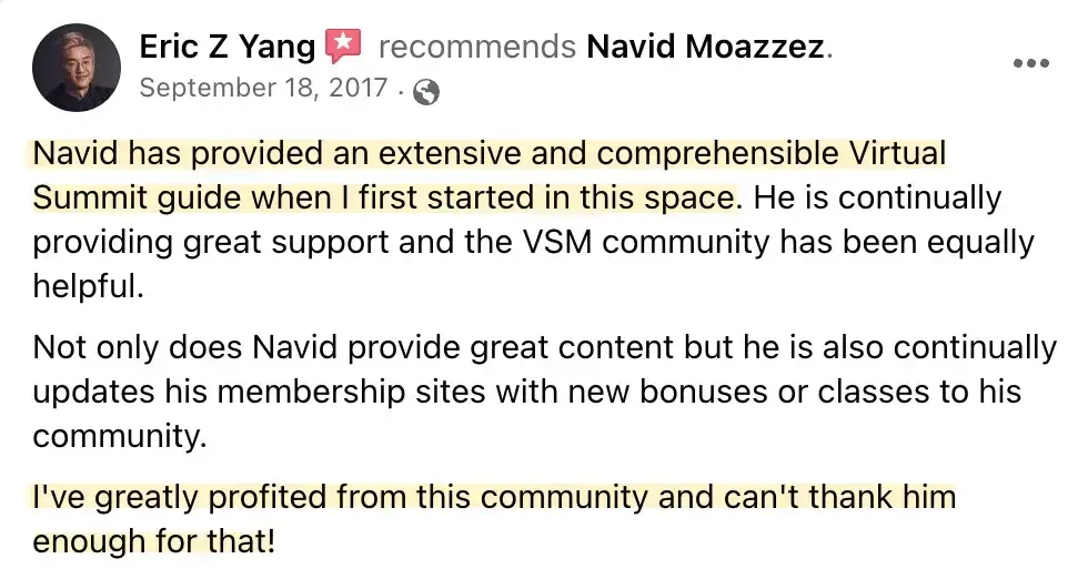 Eric Yang Navid virtual summit testimonial, best virtual event examples