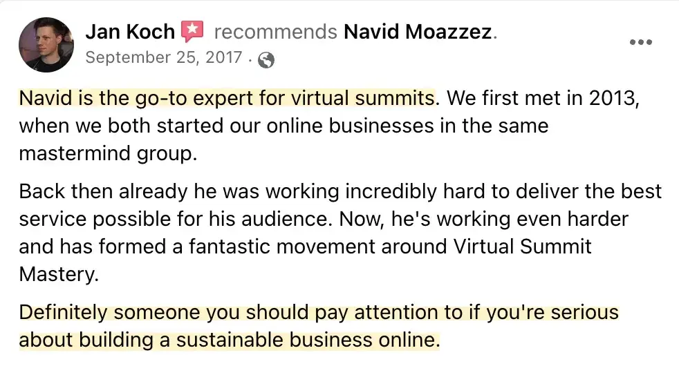 Jan Koch review for Navid Moazzez, Best virtual event examples