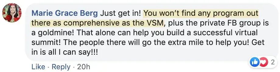 Marie Grace Berg VSM review, Best online event examples