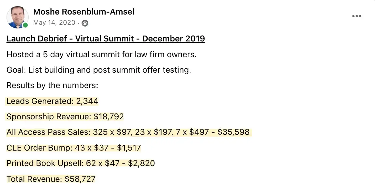 Moshe Amsel virtual summit results, Law Firm Growth Summit, Best virtual event examples