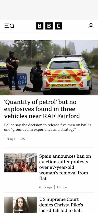 The BBC's home page on a phone, at 2x