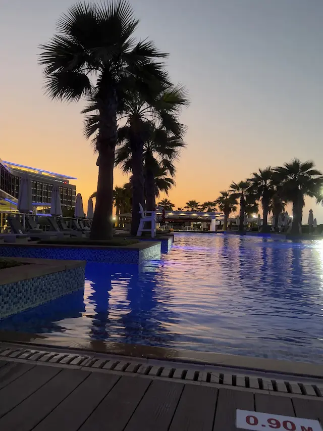 Palm trees by a pool at sunset in Abu Dhabi, October 31, 2021