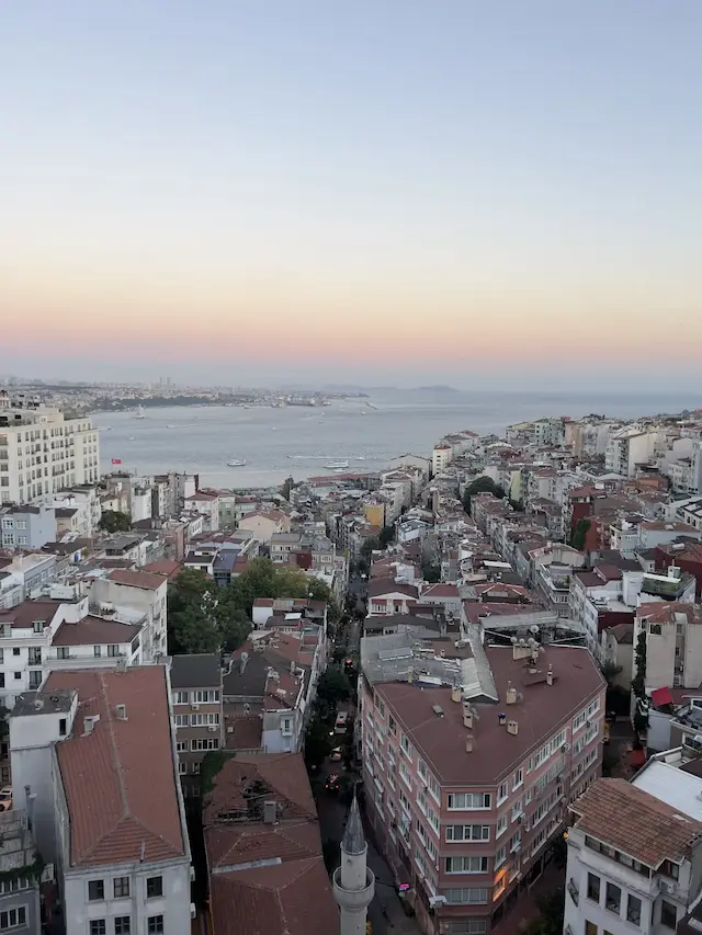 Rooftops and the Bosphorus at dusk in Istanbul, July 28, 2022