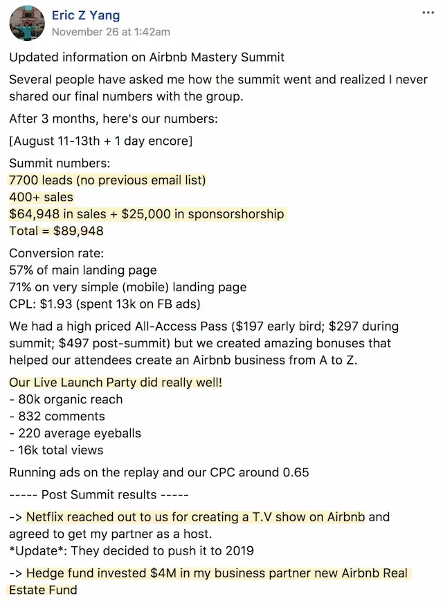 Airbnb Mastery Virtual Summit, Virtual Summit Mastery review, Eric Yang, Best virtual event examples