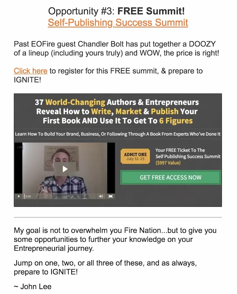 Promoting virtual events: John Lee Dumas's email promoting the Self-Publishing Success Summit