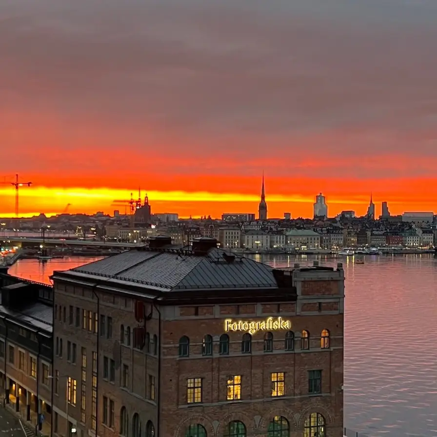 My photo of Stockholm at sunset, over Fotografiska, cut to Pinterest's square pin (1,000 × 1,000)