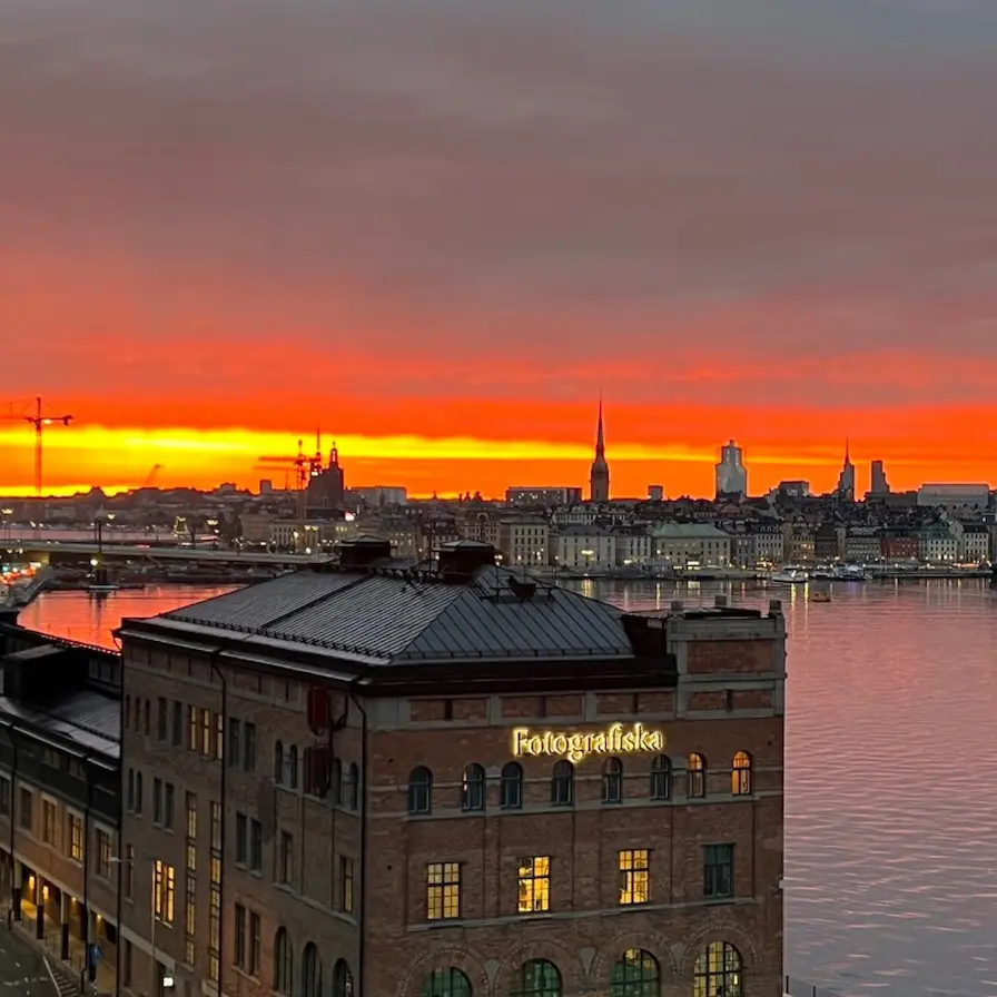 My photo of Stockholm at sunset, over Fotografiska, cut to Threads's square post (1,440 × 1,440)