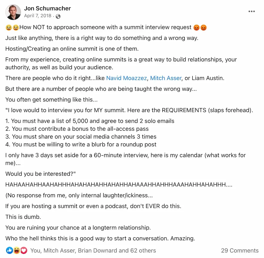 Influencer marketing mistakes: Jon Schumacher's post about how not to request a summit interview