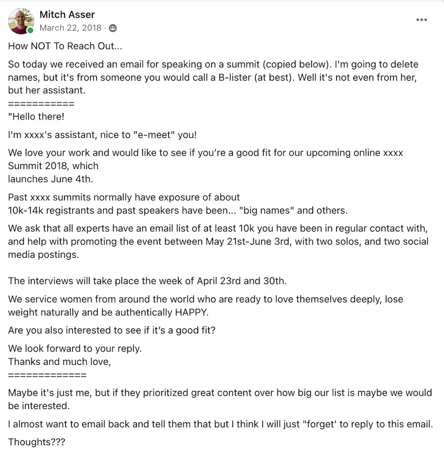 Influencer marketing mistakes: Mitch Asser shares a summit invite sent by an assistant