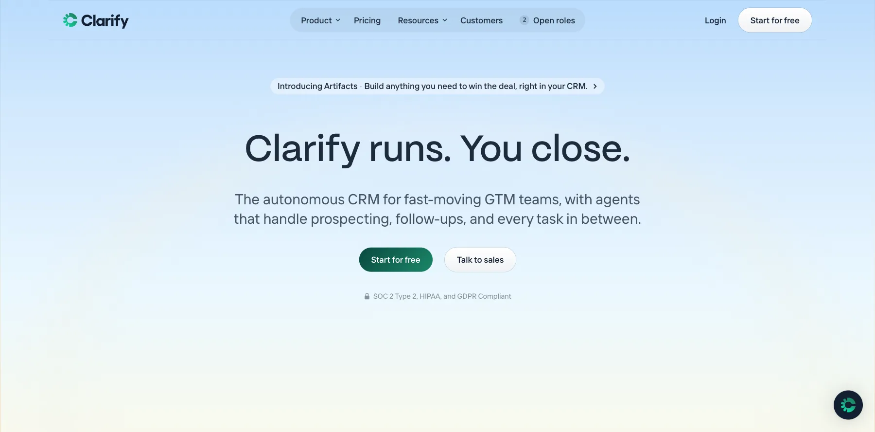 Clarify's home page: Clarify runs, you close