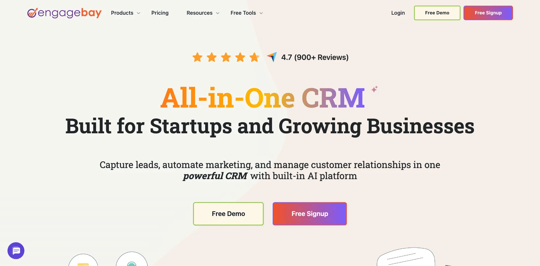 EngageBay's home page: all-in-one CRM built for startups and growing businesses