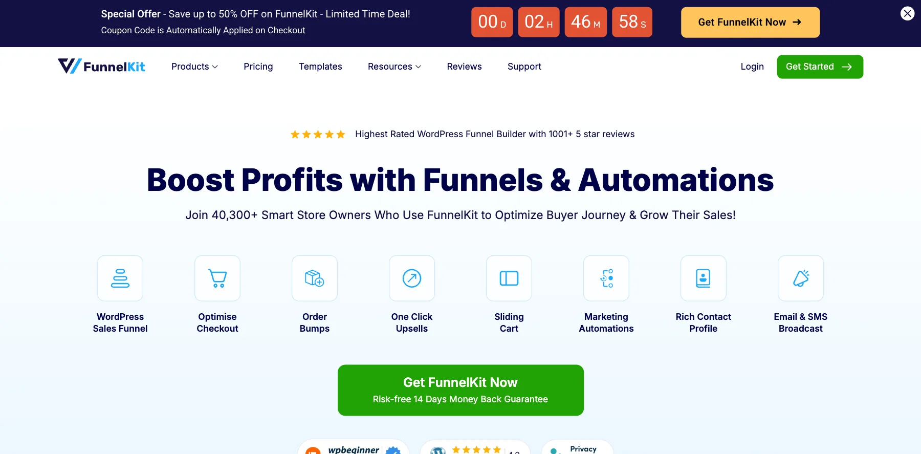 FunnelKit's home page: boost profits with funnels and automations