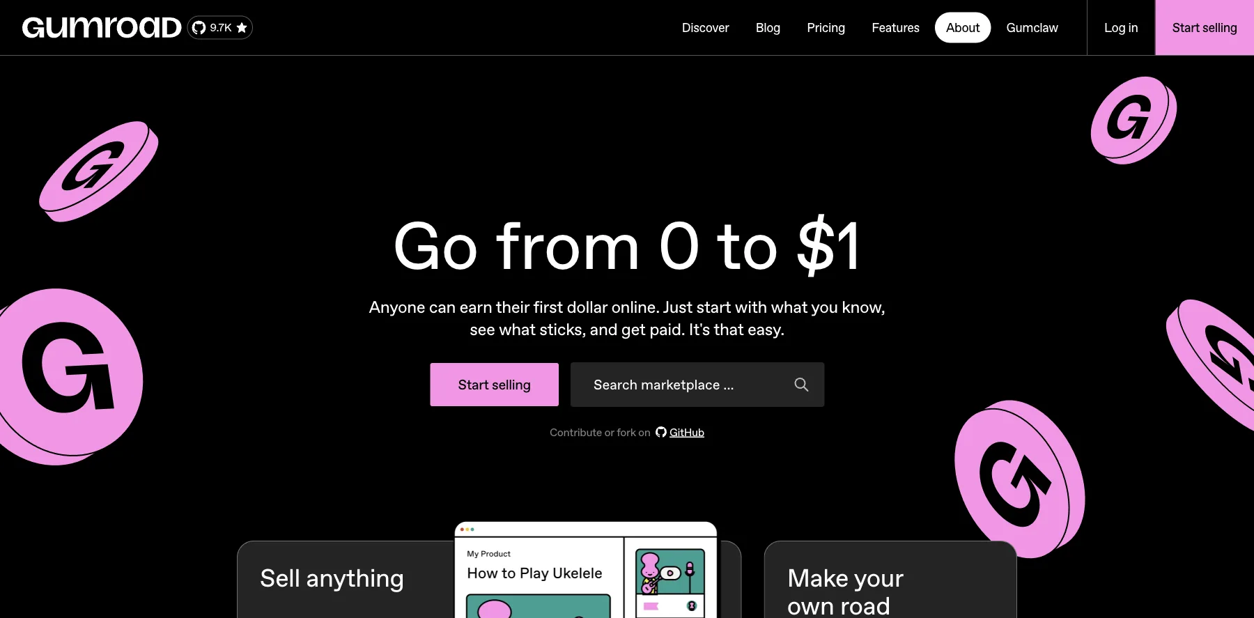 Gumroad's home page: go from 0 to $1