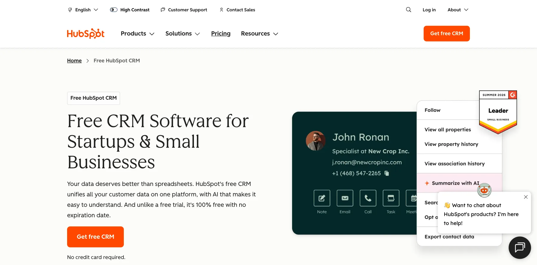 HubSpot's free CRM page: free CRM software for startups and small businesses