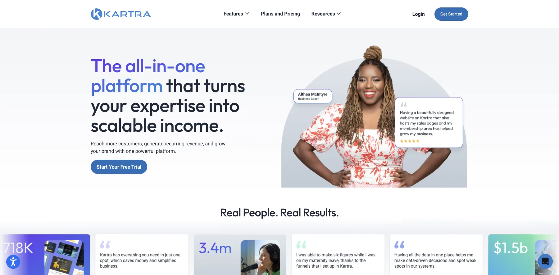 Kartra's home page: the all-in-one platform that turns your expertise into scalable income