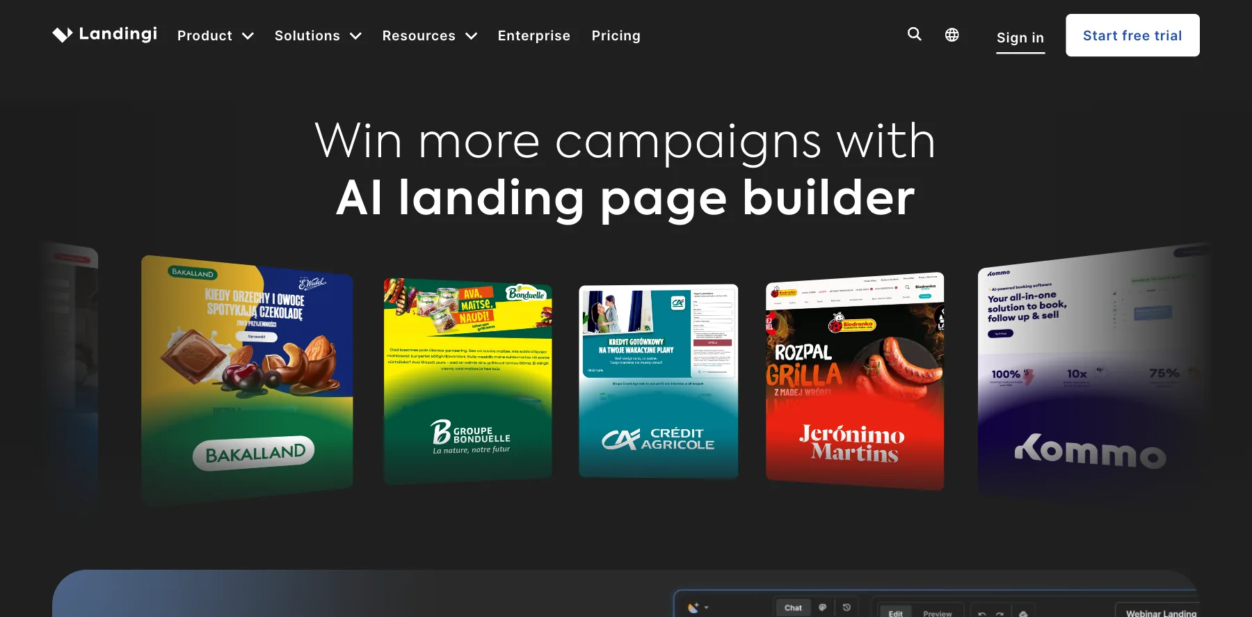 Landingi's home page: win more campaigns with an AI landing page builder