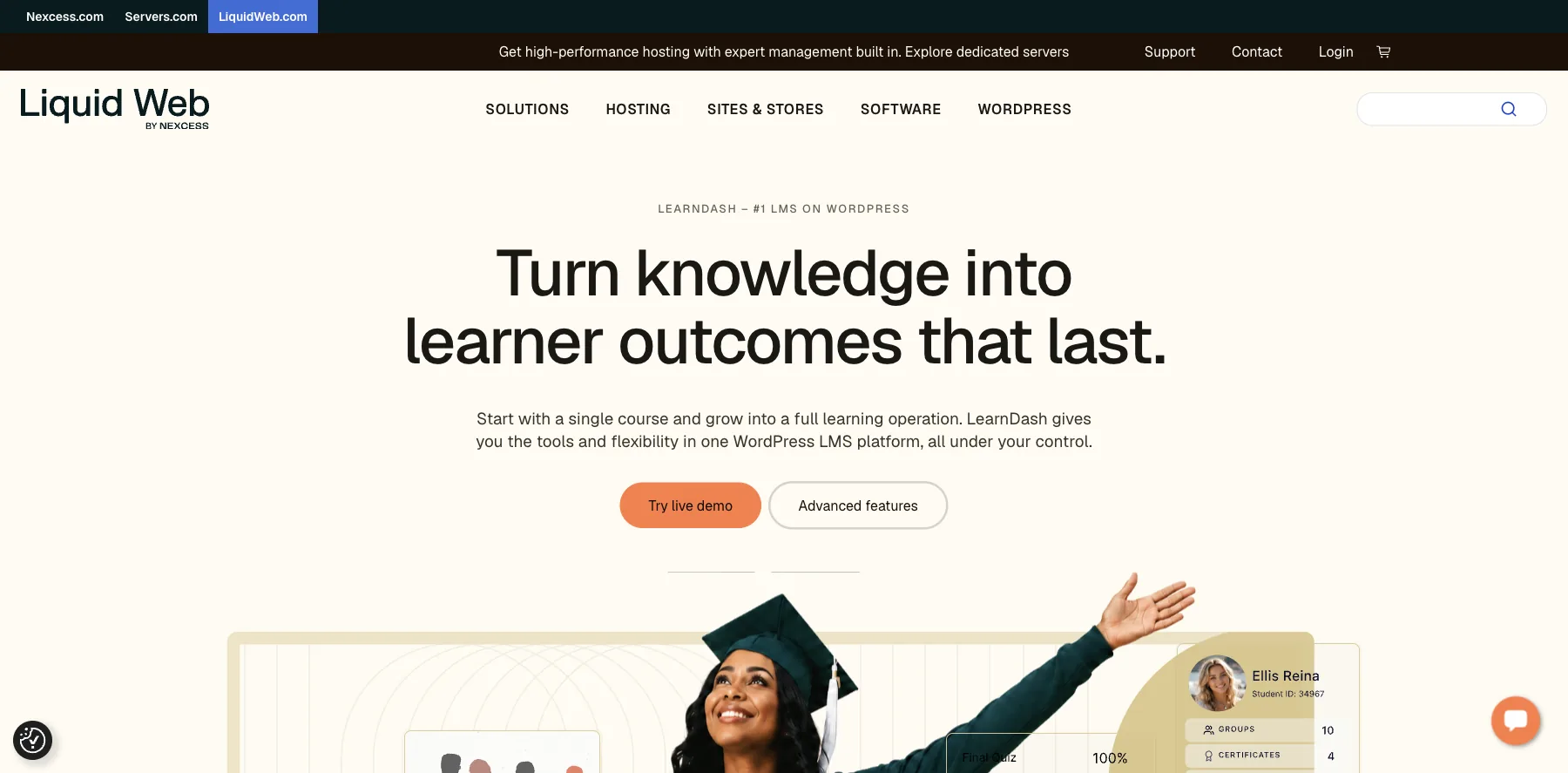 LearnDash's home page: turn knowledge into learner outcomes that last