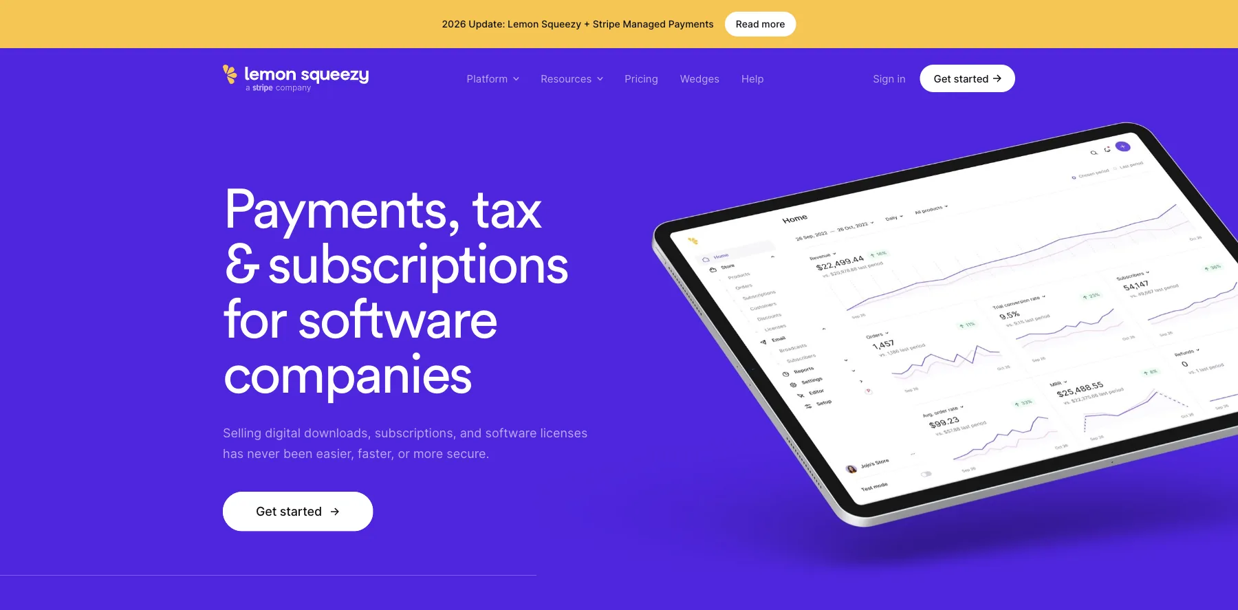 Lemon Squeezy's home page: payments, tax and subscriptions for software companies