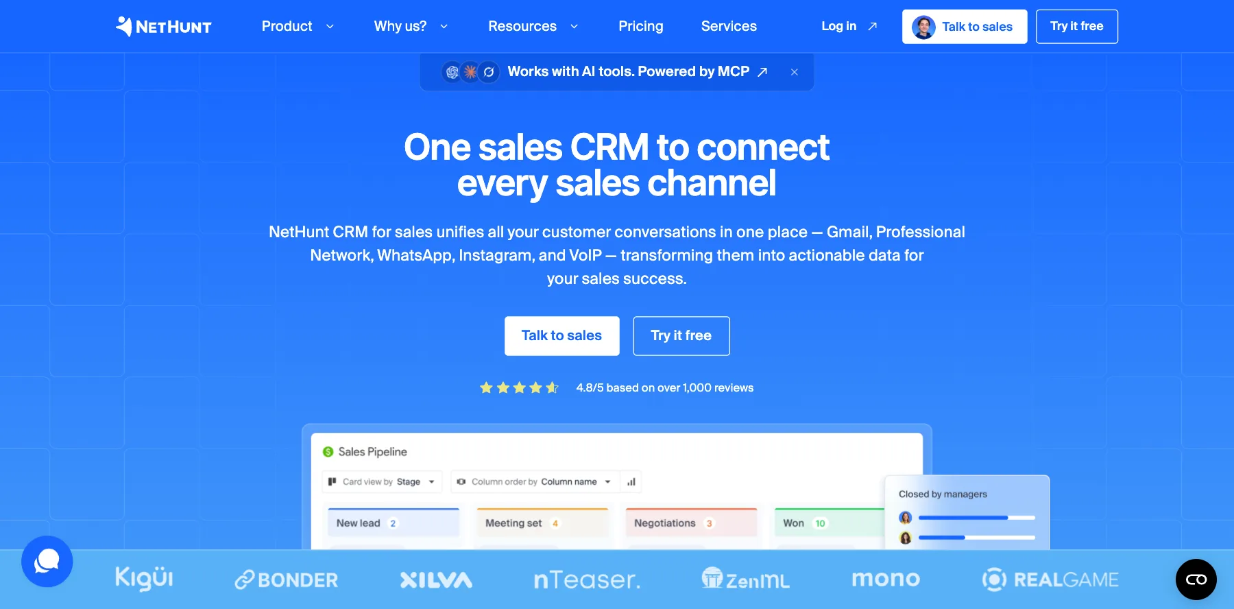 NetHunt CRM's home page: one sales CRM to connect every sales channel
