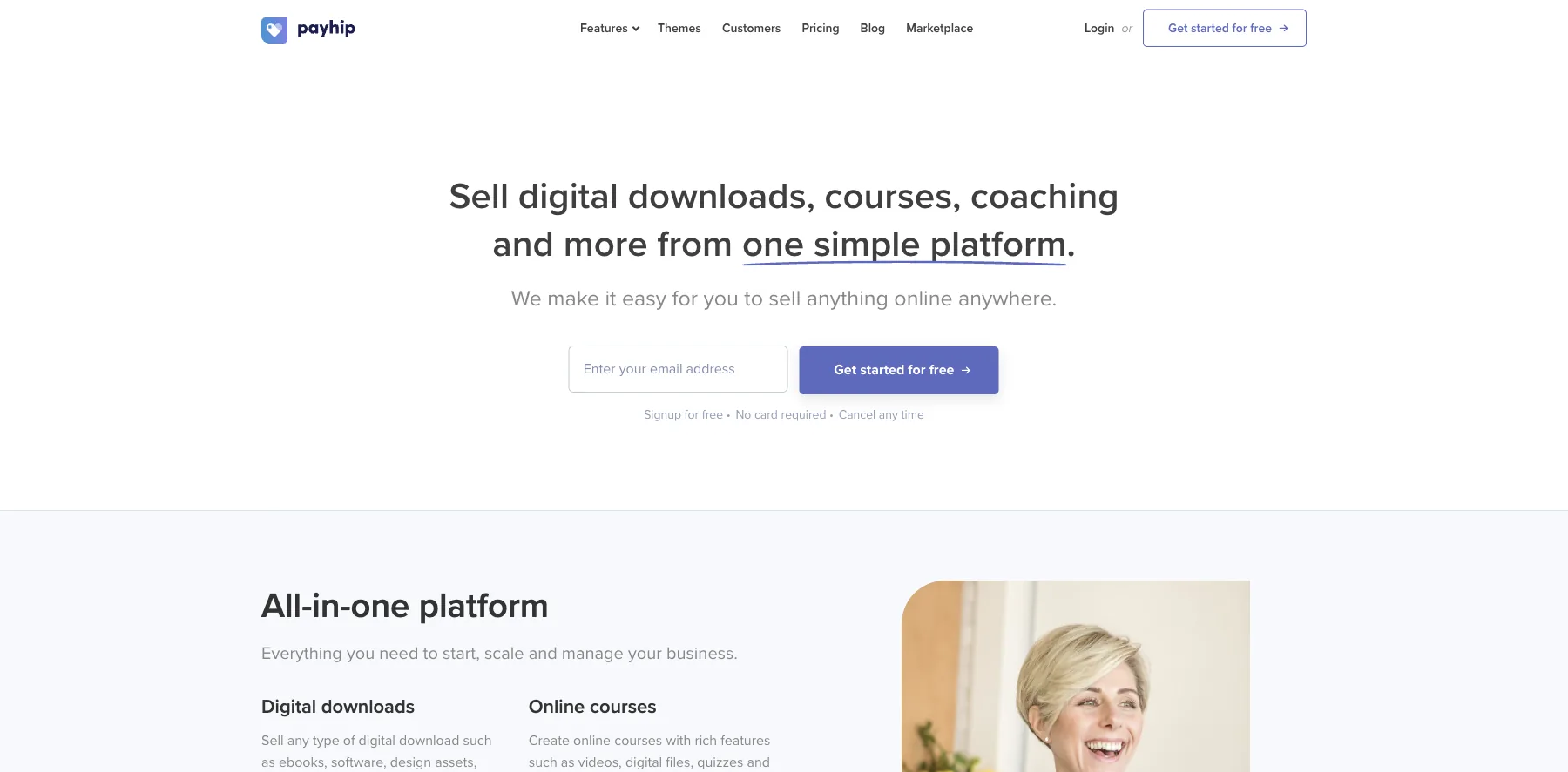 Payhip's home page: sell digital downloads, courses, coaching and more from one simple platform